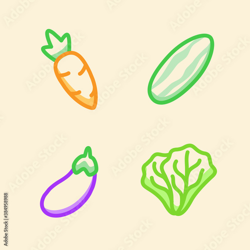 Vegetable icon set collection carrot cucumber eggplant lettuce white isolated background color outline style