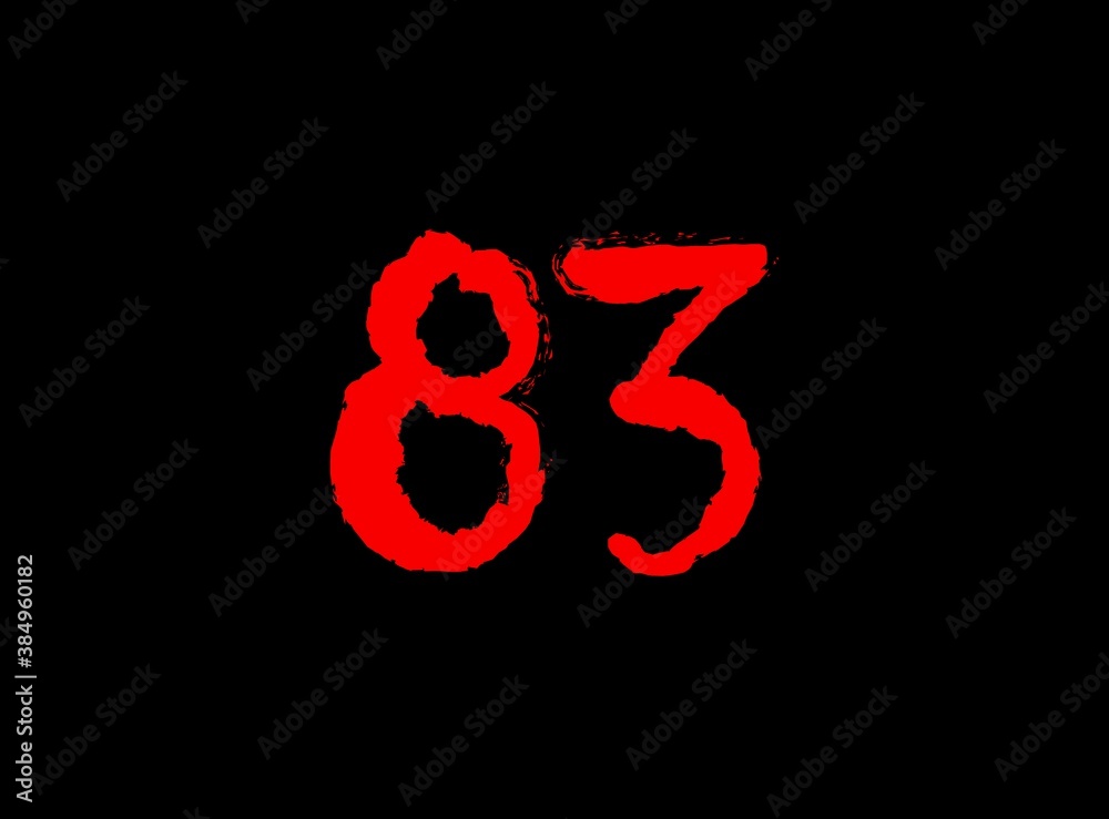 Fototapeta premium 83 Horror bloody, scary vector number. Insane Fear brutal, scream font. Wicked night theme style design. Hand writing eps10 illustration