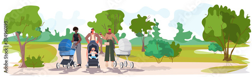mix race mothers walking with newborn babies in strollers motherhood concept urban park landscape background horizontal full length vector illustration