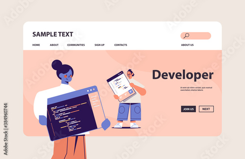 web developers couple creating program code development of software and programming concept horizontal copy space vector illustration