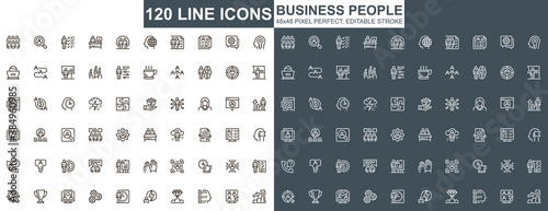 Business people thin line icons set. Business workflow, leadership and partnership unique design icons. Teamwork organization outline vector bundle. 48x48 pixel perfect linear pictogram pack.