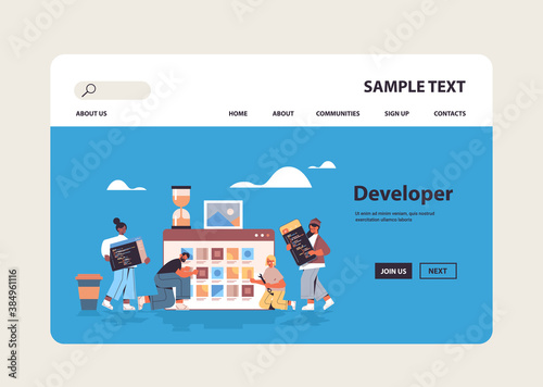 mix race web developers testing new app features coding together application development software programming concept full length horizontal copy space vector illustration
