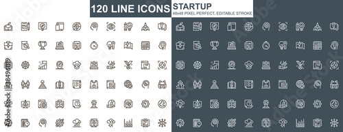 Startup thin line icons set. Business idea generation and development. Startup project, company founding unique design icons. outline vector bundle. 48x48 pixel perfect linear pictogram pack.