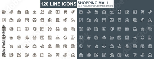 Shopping mall thin line icons set. Customer support, order and delivery service unique design icons. Online shopping platform outline vector bundle. 48x48 pixel perfect linear pictogram pack.