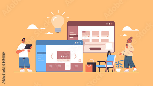 people using online shopping web application internet business e-commerce digital marketing concept horizontal full length vector illustration
