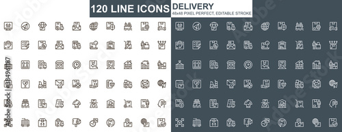 Delivery thin line icons set. Global and local shipping, warehousing and transportation unique design icons. Express delivery service outline vector bundle. 48x48 pixel perfect linear pictogram pack.