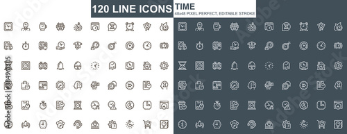Time thin line icons set. Business productivity, efficiency unique design icons. Time measuring and management, deadline and countdown outline vector bundle. 48x48 pixel perfect linear pictogram pack.