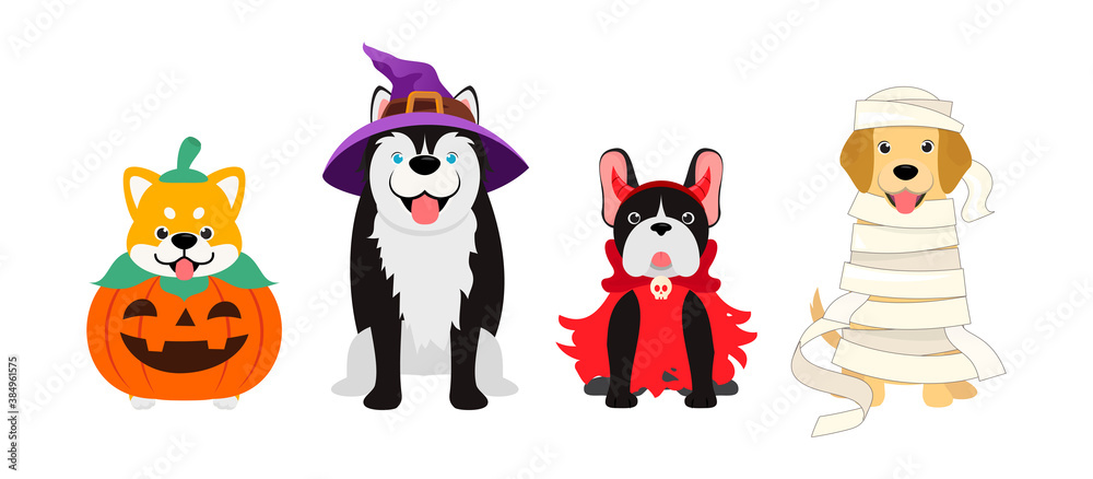 Set of Dogs in Halloween Costumes isolated on white background. Halloween Pets Set of Dogs in Halloween Costumes isolated on white background. Halloween Pets
