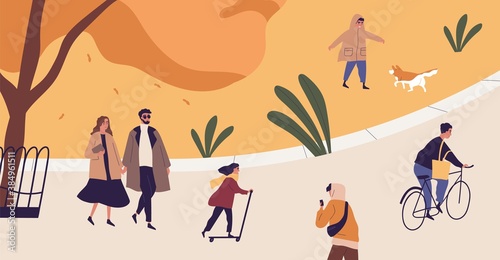 People spend time in autumn city park. Modern characters recreational activit...