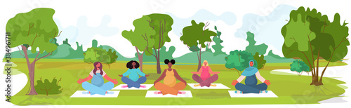 mix race pregnant women doing yoga fitness exercises training healthy lifestyle concept girls meditating in park landscape background horizontal full length vector illustration