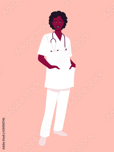An African woman doctor in a medical uniform. Full-length portrait of professional. Working in a hospital or clinic. Concept vector illustration in flat style
