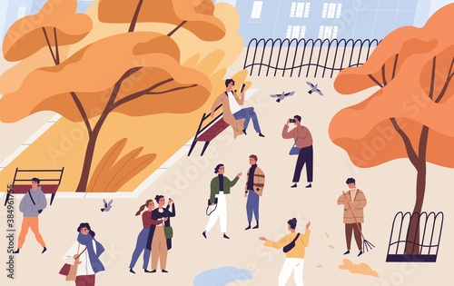 Walking people spend time in autumn city park. Modern characters stroll and rest outdoors. Seasonal recreational activity at public place. Flat vector cartoon illustration