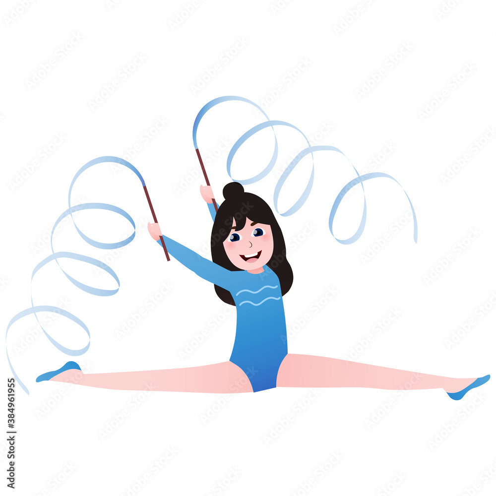 Cute girl doing atletics excersices on twine with ribbon in blue tutu, litttle ballerina training, afterschool activity in cartoon style on white background, gymnasts in gym