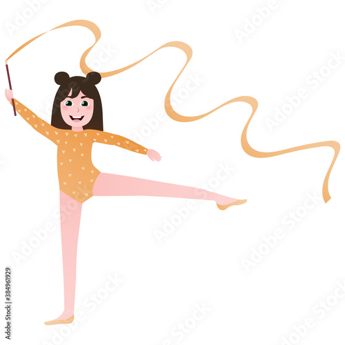 Cute athletic girl training with ribbon in gym, kid performing gymnastics exercise in cartoon style, future professional atletics on white background