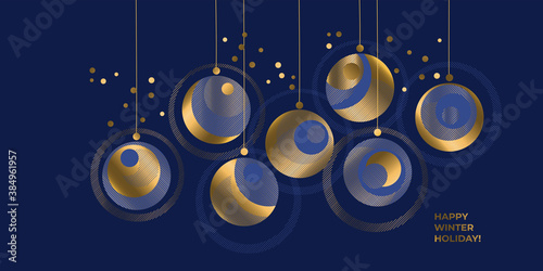Luxury elegant golden xmas baubles on blue