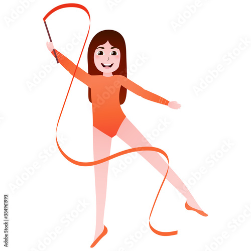 Flexible gymnasts training with ribbbon in gym, proffesional girl doing atletics exersices, preparing for competitio, fitness pose in cartoon style, afterschool activity, aerobic perfomance