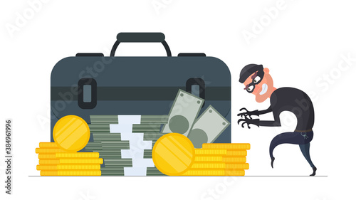 The robber steals money. The criminal steals gold coins. Robbery and finance security concept. Flat style, isolated, vector.