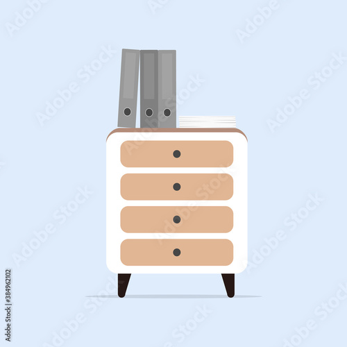 White cabinet in loft style. Bedside table with documents. Vector.