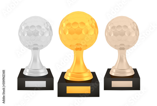 Winner golf awards set, gold silver bronze trophy cups on stands with empty plates