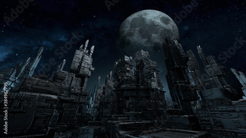 Futuristic night cityscape with moon. Science fiction scenery. 3D rendering photo