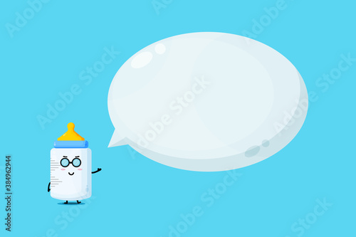 Cute baby bottle mascot with bubble speech