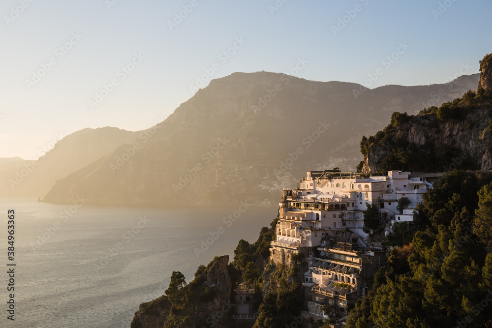 Amalfi coast in Italy in sunset with mountains in dusk