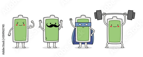 Cute Battery Cartoon Character Set 1 muscle strength, mustache, superhero and weightlifting battery