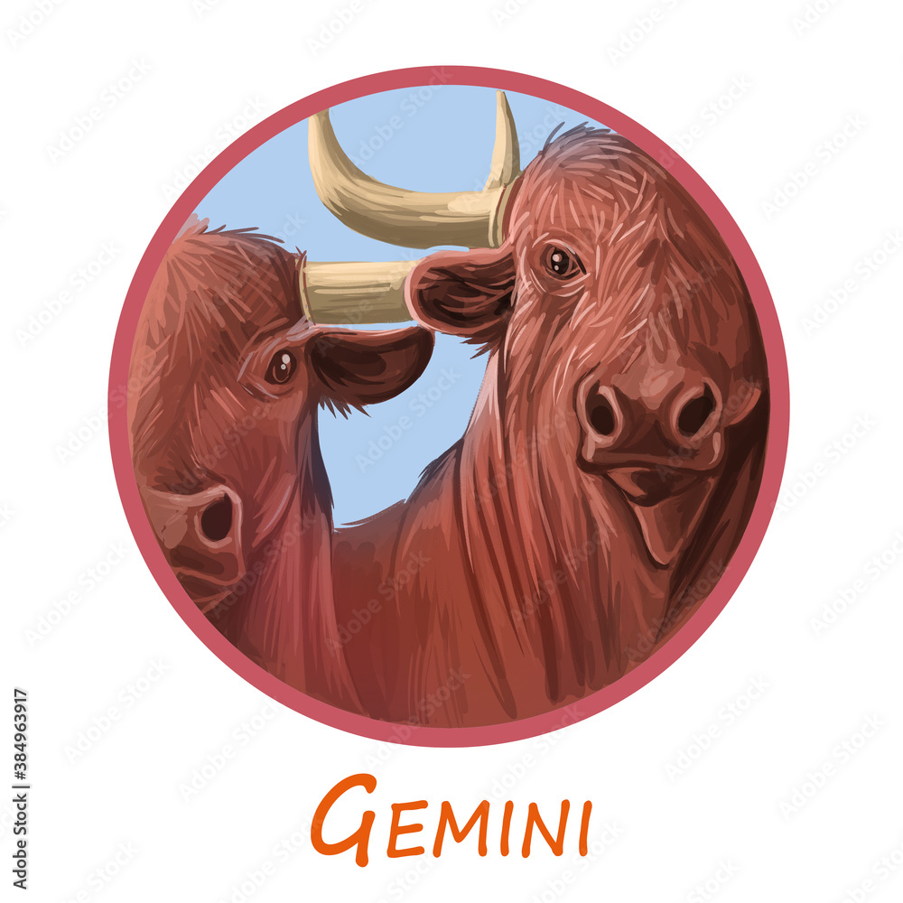 Gemini metal ox year horoscope zodiac sign isolated. Digital art  illustration of chinese new year symbol, astrology lunar calendar sign.  Horned animal, Gemini horoscope icon, oriental cow. Stock Illustration |  Adobe Stock