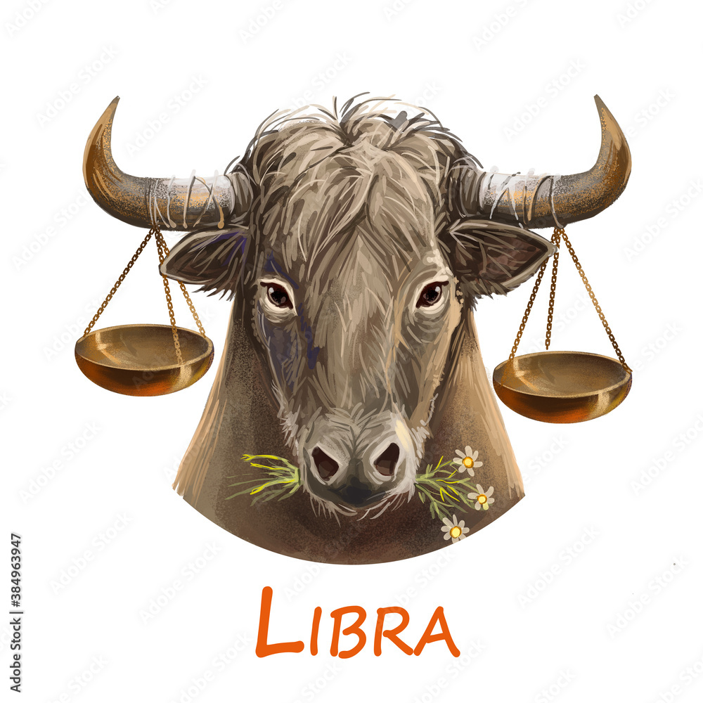 Libra metal ox year horoscope zodiac sign isolated. Digital art  illustration of chinese new year symbol, astrology lunar calendar sign.  Horned animal, libra horoscope icon, oriental cow with scales. Stock  Illustration |