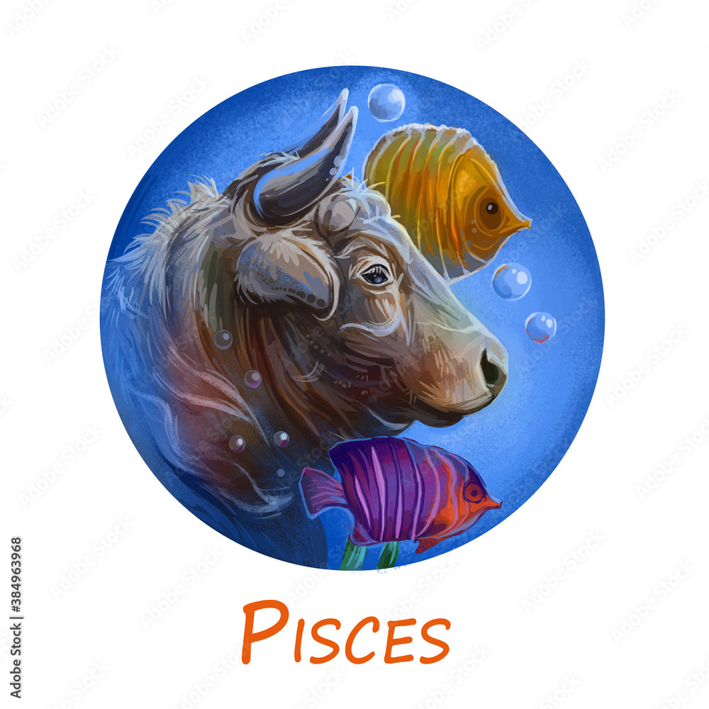 Pisces metal ox year horoscope zodiac sign isolated. Digital art  illustration of chinese new year symbol, astrology lunar calendar sign.  Horned animal, Pisces horoscope icon, oriental cow with fish. Stock  Illustration