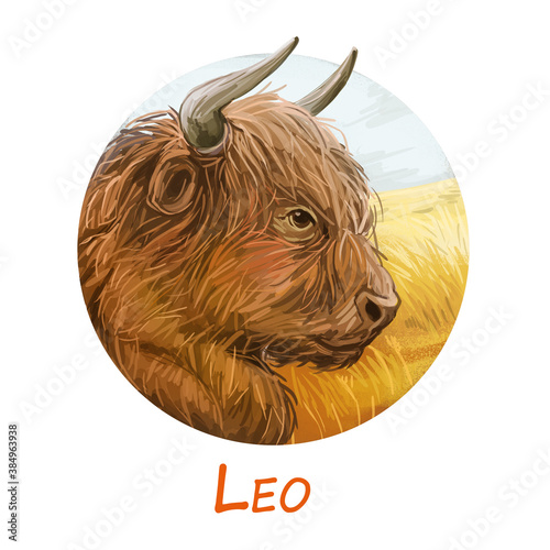 Leo metal ox year horoscope zodiac sign isolated. Digital art illustration of chinese new year symbol, astrology lunar calendar sign. Horned animal, Leo horoscope icon, oriental cow as lion.