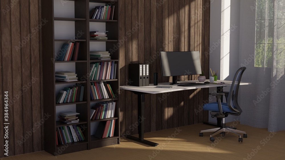 3D rendering workspace with computer monitor at home 3D rendering workspace with computer monitor at home