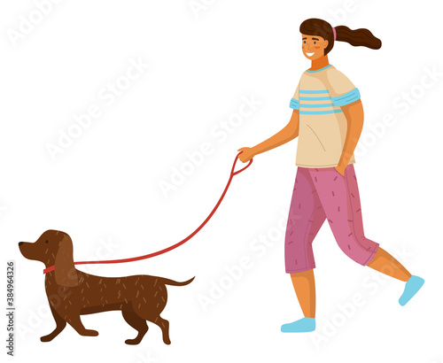 Girl with dachshund dog at leash, young pretty smiling happy cheerful female teenager with ponytail wearing t-shirt and breeches walking with her domestic pet, isolated cartoon character and animal