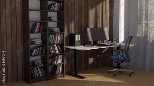 3D rendering workspace with computer monitor at home