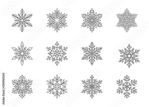 Christmas snowflakes collection isolated on white background. Cute hand drawn snow icons with intricate silhouette. Nice line doodle decorative element for New year banner, cards or ornament