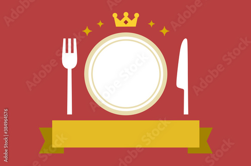 Simple gourmet ranking background material in red and yellow. Fork and knife.