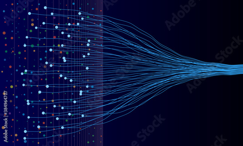 Big data visualization with lines and dots. Diminishing perspective on background with lines.