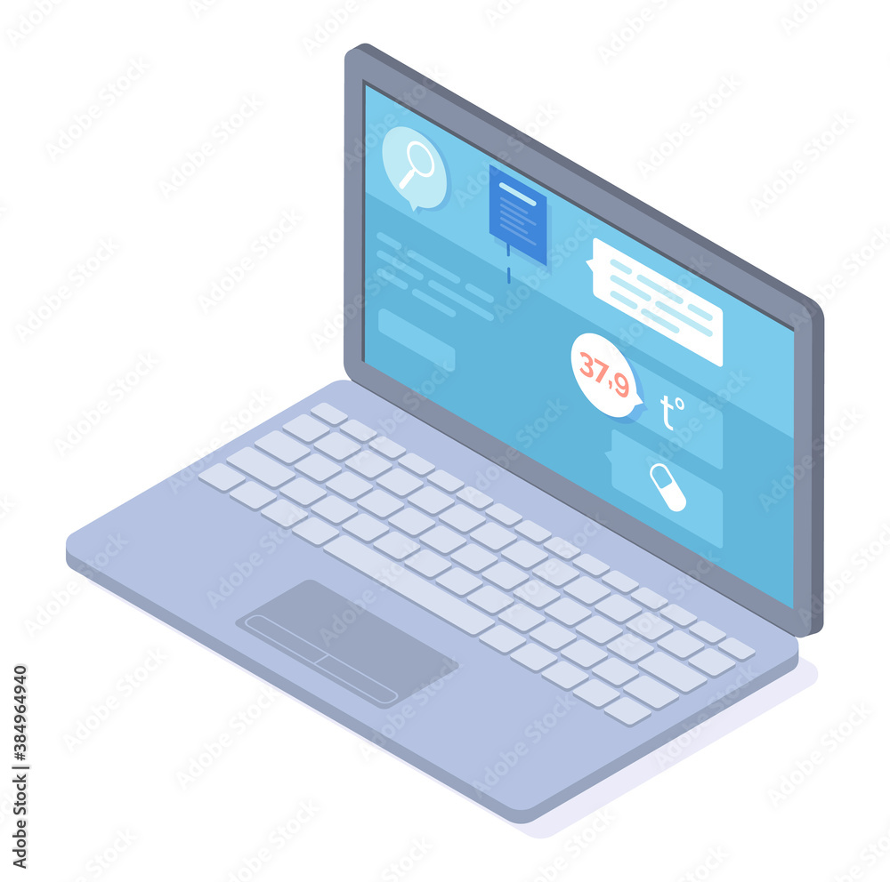 Isometric 3d illustration. Online consultation with doctor at distance in internet, symptoms of disease, online treatment at medical website or application. Isolated flat style laptop or computer Isometric 3d illustration. Online consultation with doctor at distance in internet, symptoms of disease, online treatment at medical website or application. Isolated flat style laptop or computer