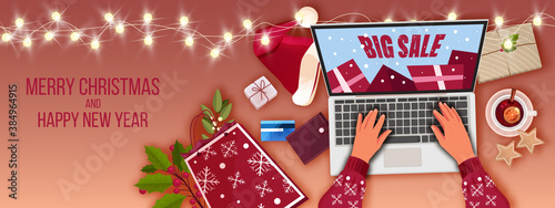 Christmas holiday sale vector illustration with winter decorations, laptop, hands. X-mas online shopping banner with wallet, card, gift bag, Santa hat. Christmas season sale top view with presents