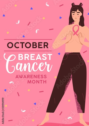 Vertical placard to support oncology survivors with beautiful woman holding pink ribbon symbol. Support poster for Breast cancer awareness month. Flat vector illustration