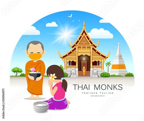 Women offering alms to Thai monks put face mask, on thailand temple pagoda cloud and sky design background, vector Eps 10 illustration