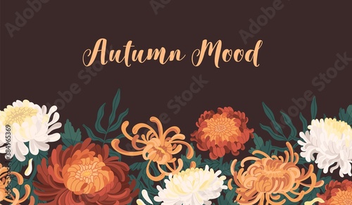 Autumn backdrop with blooming flowers. Fall horizontal background with japanese chrysanthemum. Banner with fall floral blossom plants. Vector illustration in flat cartoon style