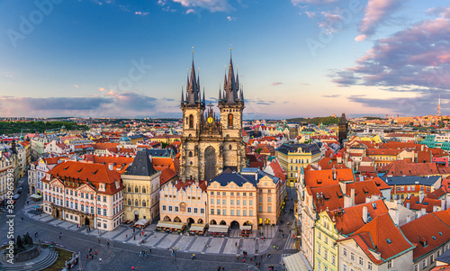 Panorama of Prague Old Town historical centre Stare Mesto Old Town Square Staromestske namesti with Gothic Church of Our Lady before Tyn. Aerial panoramic view of Prague city, Czech Republic