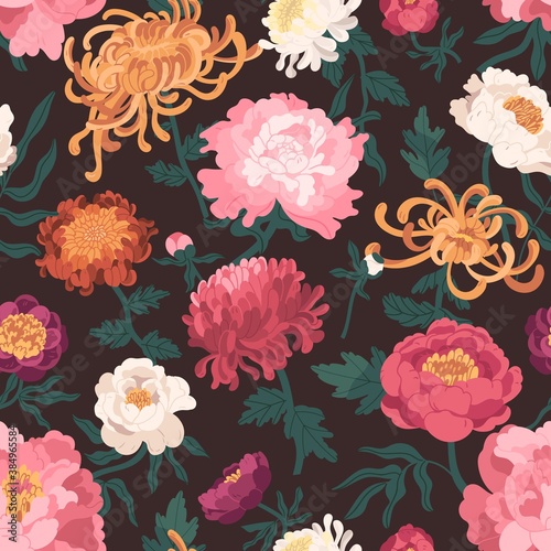 Colorful seamless pattern with blooming garden flowers. Endless romantic floral background. Repeatable backdrop with japanese chrysanthemum and peonies. Flat vector illustration of textile print