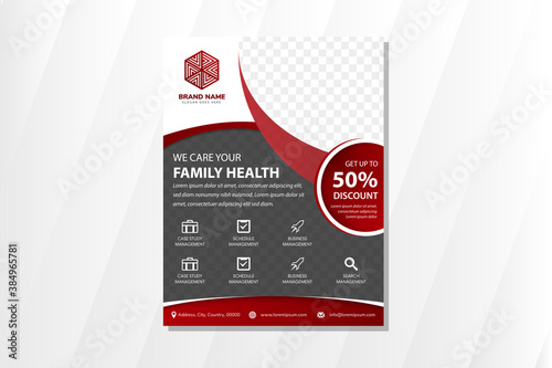 family health care flyer template design use combination red, black and white colors. quarter circle shape for photo space. 