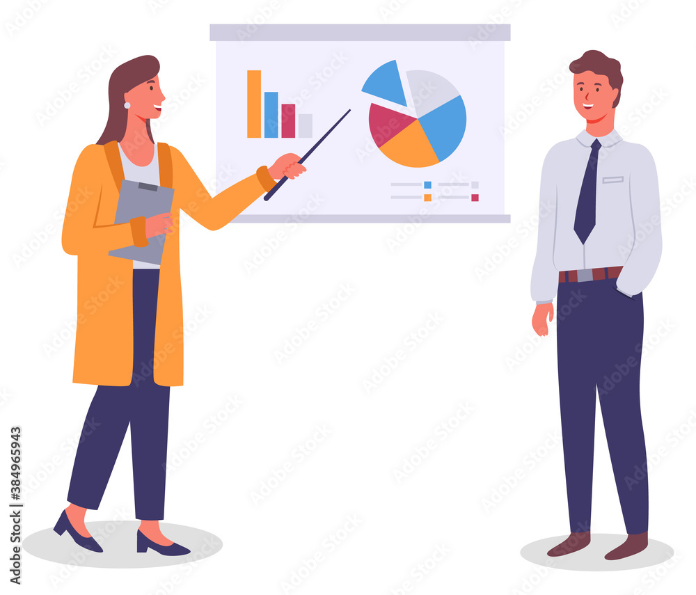 Presentation at board, businesswoman show charts and diagram to colleague, analysing graphics on white board, cartoon character presenting financial plan, worker show graphical analysis, statistics Presentation at board, businesswoman show charts and diagram to colleague, analysing graphics on white board, cartoon character presenting financial plan, worker show graphical analysis, statistics