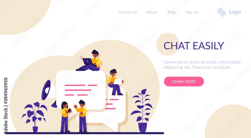 Chat easily. Speech bubbles for comment and reply. Small people chatting online. Guys and woman sitting on big symbols of chat. Modern flat illustration. Chat easily. Speech bubbles for comment and reply. Small people chatting online. Guys and woman sitting on big symbols of chat. Modern flat illustration.