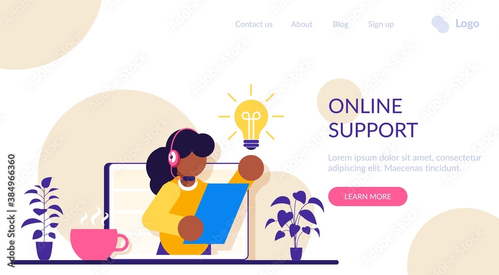 Online technical support 24-7. Concept customer and operator. Female hotline operator advises client. Online assistant, virtual help service. Modern flat illustration.