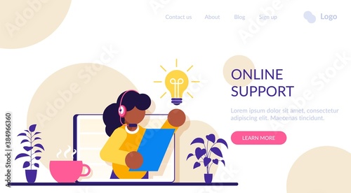 Online technical support 24-7. Concept customer and operator. Female hotline operator advises client. Online assistant, virtual help service. Modern flat illustration.