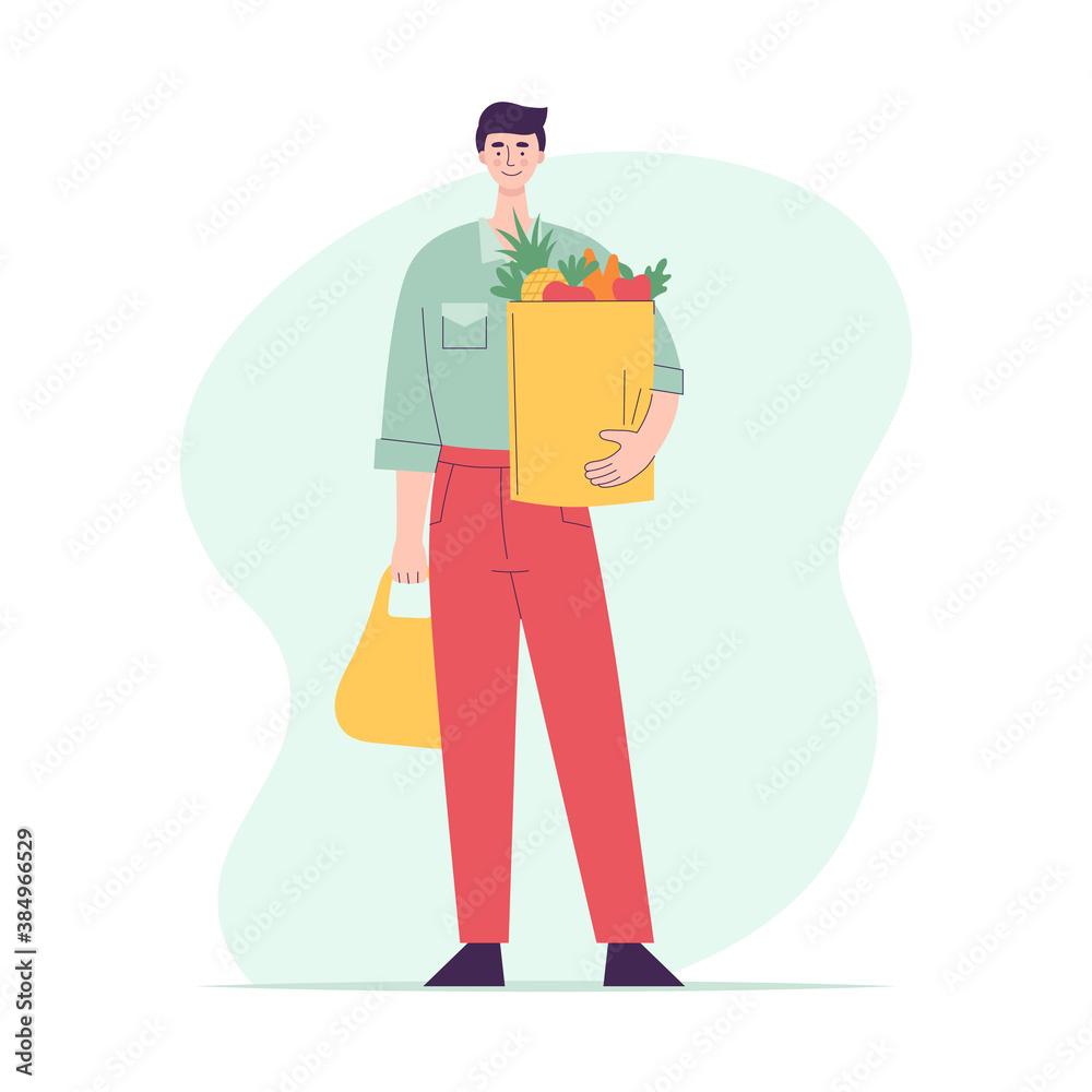 Happy man with a paper bag full of groceries. Full length character. Shopping for groceries in the supermarket. Flat vector illustration isolated on white background